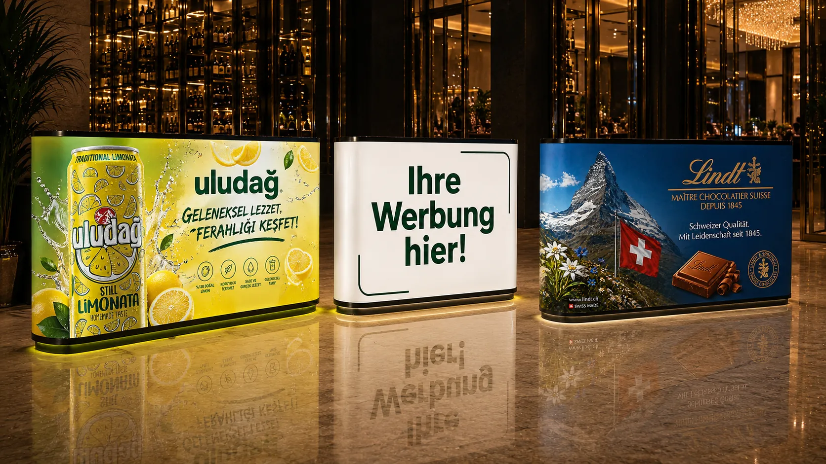LED Promotion Desk von Emay Creative als Messetheke mit grosser LED-Werbefläche